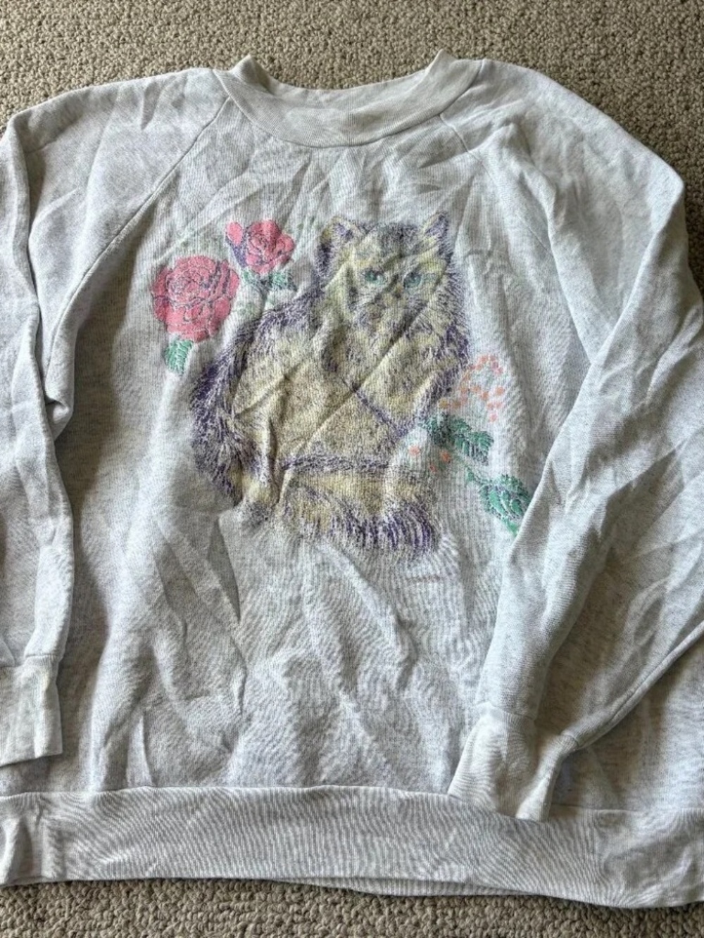 Vintage Cat Sweatshirt Gray Floral Kitten Graphic Grandmacore Cozy Y2K Coquette - Picture 2 of 9